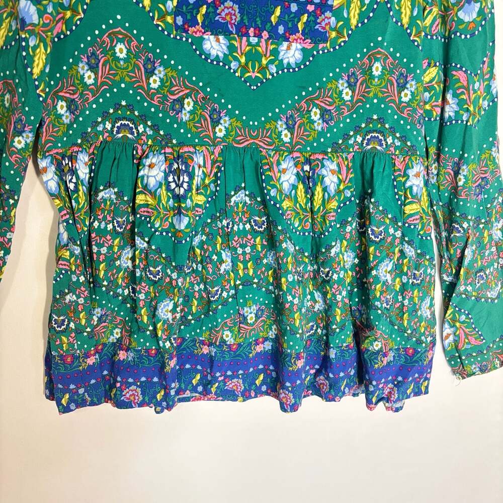 Matilda Jane Evergreen Babydoll Top Women M Green Floral Long Sleeve Pleated Blo - Picture 2 of 5